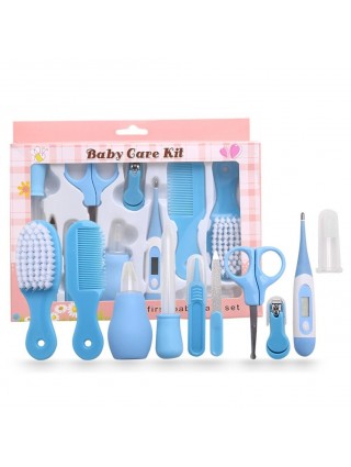 kit-soins-bébé-10-pièces-bleu-nouveau-né-nettoyage-toilettage-trousse-biberon-thermoètre-brosse-peigne-coupe-ongles-