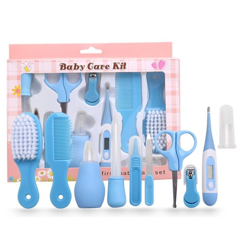kit-soins-bébé-10-pièces-bleu-nouveau-né-nettoyage-toilettage-trousse-biberon-thermoètre-brosse-peigne-coupe-ongles-