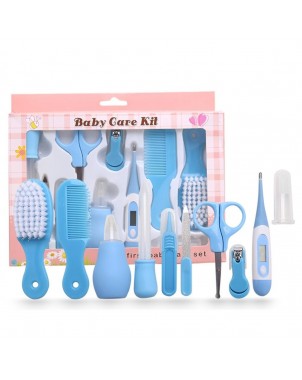 kit-soins-bébé-10-pièces-bleu-nouveau-né-nettoyage-toilettage-trousse-biberon-thermoètre-brosse-peigne-coupe-ongles-
