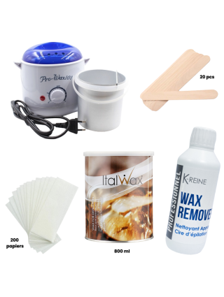 Pack Epilation 101 : Chauffe Cire 800g + 20 Spatules + 200 Papiers + Wax Remover + Italwax Cire 800ml