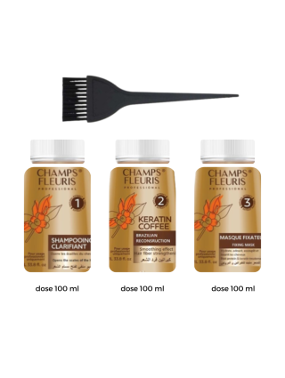 Pack Soins Kératine : Dose 100ml Kératine + Dose 100ml Shampoing Clarifiant + Dose 100ml Masque Fixateur