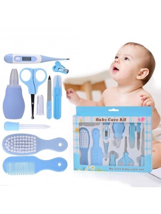 kit-soins-bébé-10-pièces-bleu-nouveau-né-nettoyage-toilettage-trousse-biberon-thermoètre-brosse-peigne-coupe-ongles-