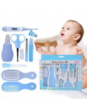 kit-soins-bébé-10-pièces-bleu-nouveau-né-nettoyage-toilettage-trousse-biberon-thermoètre-brosse-peigne-coupe-ongles-
