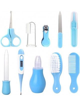 kit-soins-bébé-10-pièces-bleu-nouveau-né-nettoyage-toilettage-trousse-biberon-thermoètre-brosse-peigne-coupe-ongles-