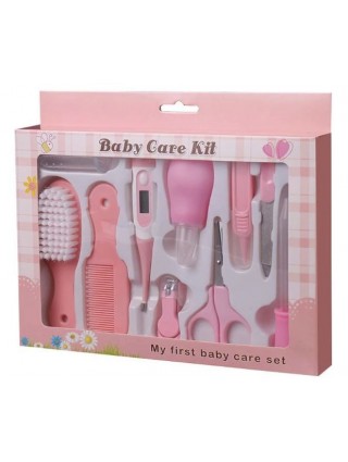 kit-soins-bébé-10-pièces-rose-nouveau-né-nettoyage-toilettage-trousse-biberon-thermoètre-brosse-peigne-coupe-ongles-
