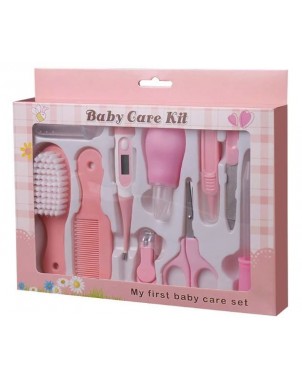 kit-soins-bébé-10-pièces-rose-nouveau-né-nettoyage-toilettage-trousse-biberon-thermoètre-brosse-peigne-coupe-ongles-