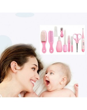 kit-soins-bébé-10-pièces-rose-nouveau-né-nettoyage-toilettage-trousse-biberon-thermoètre-brosse-peigne-coupe-ongles-
