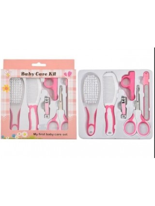 kit-soins-bébé-6-pièces-rose-nouveau-né-nettoyage-toilettage-trousse-biberon-thermoètre-brosse-peigne-coupe-ongles-
