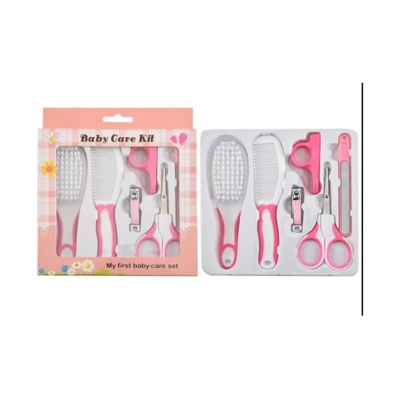 kit-soins-bébé-6-pièces-rose-nouveau-né-nettoyage-toilettage-trousse-biberon-thermoètre-brosse-peigne-coupe-ongles-