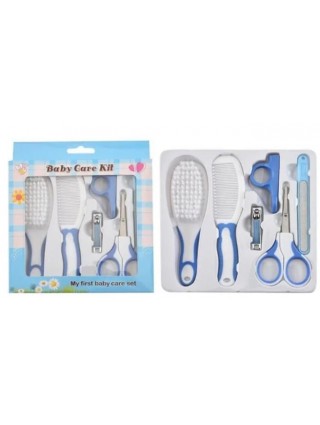 kit-soins-bébé-6-pièces-bleu-nouveau-né-nettoyage-toilettage-trousse-biberon-thermoètre-brosse-peigne-coupe-ongles-