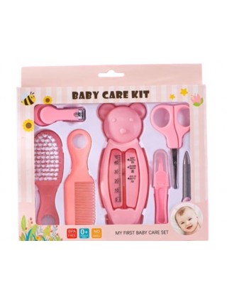 kit-soins-bébé-8-pièces-rose-nouveau-né-nettoyage-toilettage-trousse-biberon-thermoètre-brosse