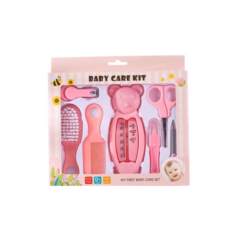 kit-soins-bébé-8-pièces-rose-nouveau-né-nettoyage-toilettage-trousse-biberon-thermoètre-brosse