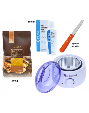 Pack Epilation 500g : Chauffe Cire Pro Wax 100 + Italwax Cire 500g + Spatule Acier + K-Reine Huile Après Epilation 100ml