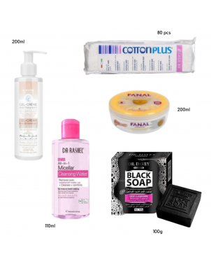 Pack Soins Visage : Eau Micellaire Savon Noir Gel Nettoyant Cottons Disque