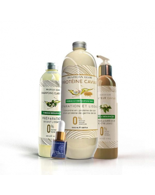 Pack Protéine 1L Brazilian Glow : Soins Protéine 1L + Shampoing Clarifiant 500ml + Masque Fixateur 500ml + Sérum 15ml