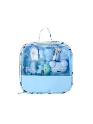 kit-soins-bébé-13-pièces-bleu-nouveau-né-nettoyage-toilettage-trousse-biberon-thermoètre-brosse-peigne-coupe-ongles-