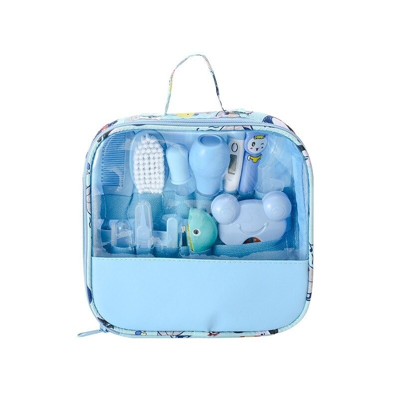 kit-soins-bébé-13-pièces-bleu-nouveau-né-nettoyage-toilettage-trousse-biberon-thermoètre-brosse-peigne-coupe-ongles-