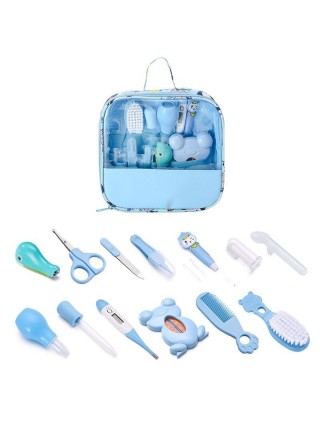 kit-soins-bébé-13-pièces-bleu-nouveau-né-nettoyage-toilettage-trousse-biberon-thermoètre-brosse-peigne-coupe-ongles-