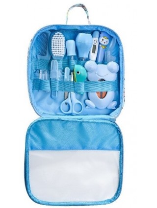 kit-soins-bébé-13-pièces-bleu-nouveau-né-nettoyage-toilettage-trousse-biberon-thermoètre-brosse-peigne-coupe-ongles-