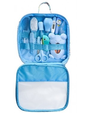 kit-soins-bébé-13-pièces-bleu-nouveau-né-nettoyage-toilettage-trousse-biberon-thermoètre-brosse-peigne-coupe-ongles-
