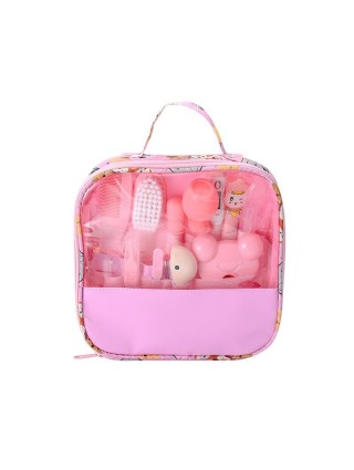 kit-soins-bébé-13-pièces-rose-nouveau-né-nettoyage-toilettage-trousse-biberon-thermoètre-brosse-peigne-coupe-ongles-