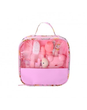 kit-soins-bébé-13-pièces-rose-nouveau-né-nettoyage-toilettage-trousse-biberon-thermoètre-brosse-peigne-coupe-ongles-
