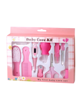 kit-soins-bébé-10-pièces-rose-nouveau-né-nettoyage-toilettage-trousse-biberon-thermoètre-brosse-peigne-coupe-ongles-