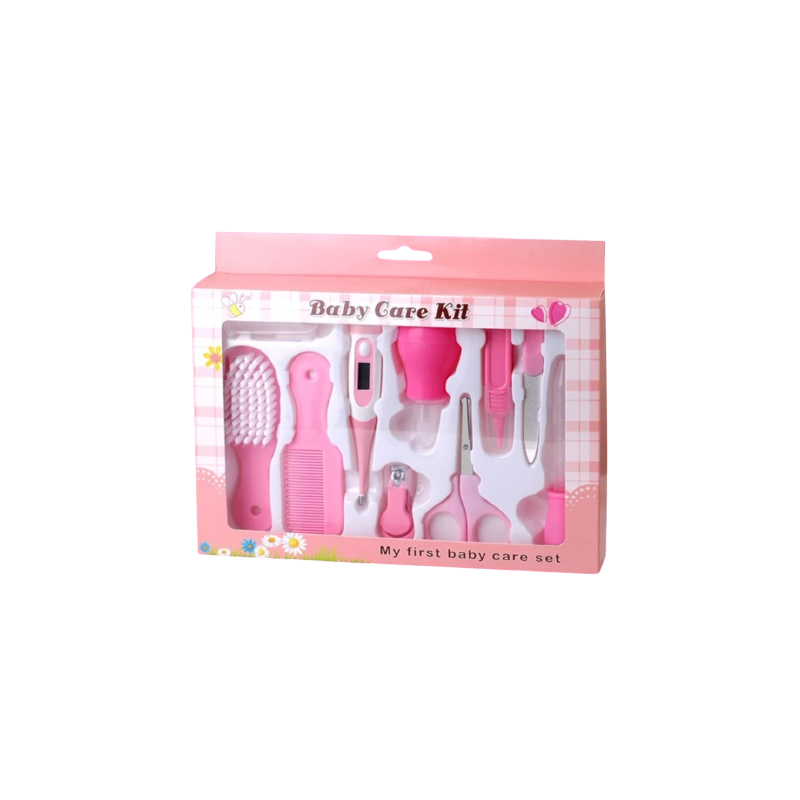 kit-soins-bébé-10-pièces-rose-nouveau-né-nettoyage-toilettage-trousse-biberon-thermoètre-brosse-peigne-coupe-ongles-