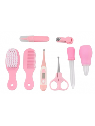 kit-soins-bébé-8-pièces-rose-nouveau-né-nettoyage-toilettage-trousse-biberon-thermoètre-brosse
