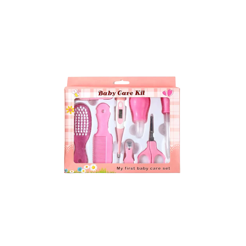 kit-soins-bébé-8-pièces-rose-nouveau-né-nettoyage-toilettage-trousse-biberon-thermoètre-brosse