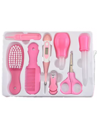 kit-soins-bébé-8-pièces-rose-nouveau-né-nettoyage-toilettage-trousse-biberon-thermoètre-brosse