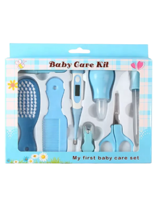 kit-soins-bébé-8-pièces-bleu-nouveau-né-nettoyage-toilettage-trousse-biberon-thermoètre-brosse