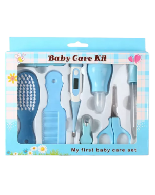 kit-soins-bébé-8-pièces-bleu-nouveau-né-nettoyage-toilettage-trousse-biberon-thermoètre-brosse