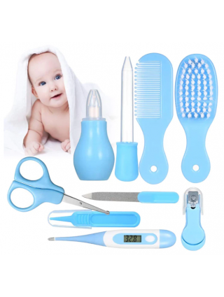 kit-soins-bébé-8-pièces-bleu-nouveau-né-nettoyage-toilettage-trousse-biberon-thermoètre-brosse