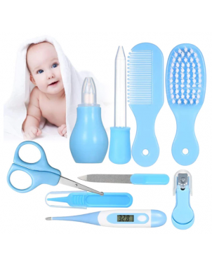 kit-soins-bébé-8-pièces-bleu-nouveau-né-nettoyage-toilettage-trousse-biberon-thermoètre-brosse