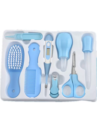 kit-soins-bébé-8-pièces-bleu-nouveau-né-nettoyage-toilettage-trousse-biberon-thermoètre-brosse