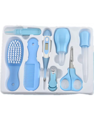 kit-soins-bébé-8-pièces-bleu-nouveau-né-nettoyage-toilettage-trousse-biberon-thermoètre-brosse